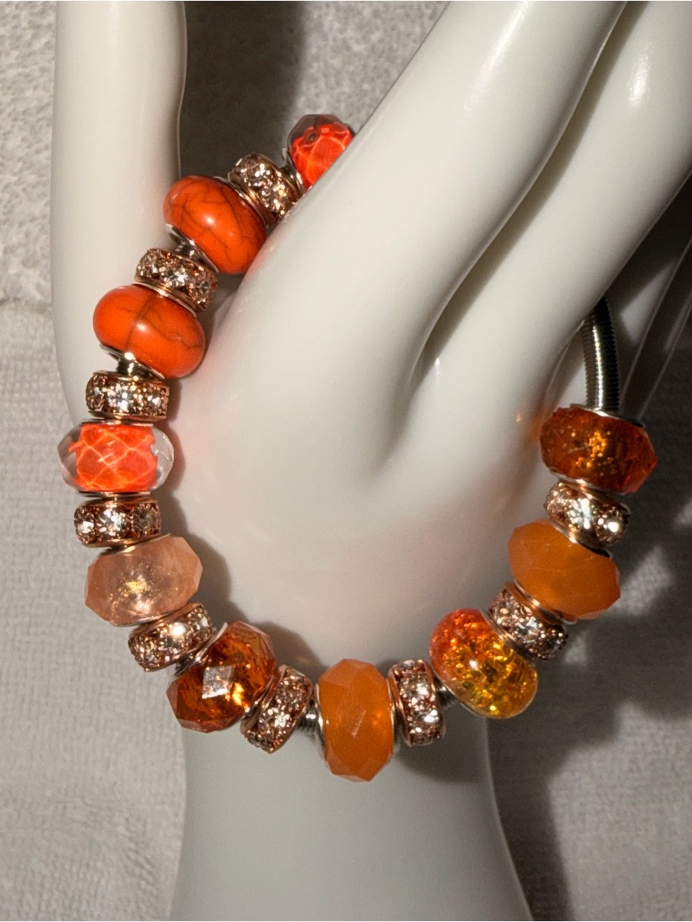 Women's Orange Glass Bead Charm Bracelet with Rose Gold Accents